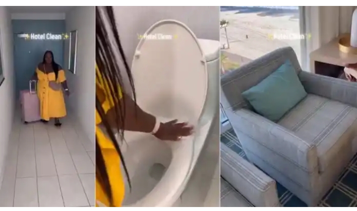 “make the manager employ her” – Video shows lady cleaning hotel room thoroughly before lodging (Watch)