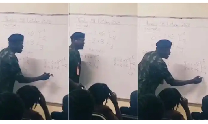 “See as class quiet” – Video trends as Military man teaches teenagers Mathematics (Watch)