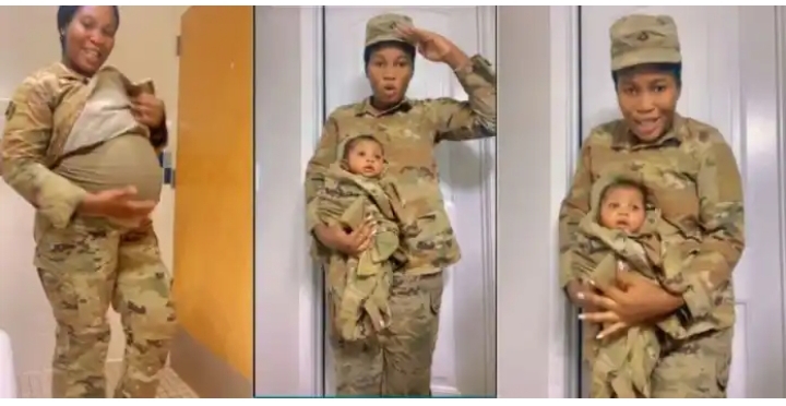 “This is so cute” – Beautiful female soldier shows off baby as she wraps her in military uniform (Video)